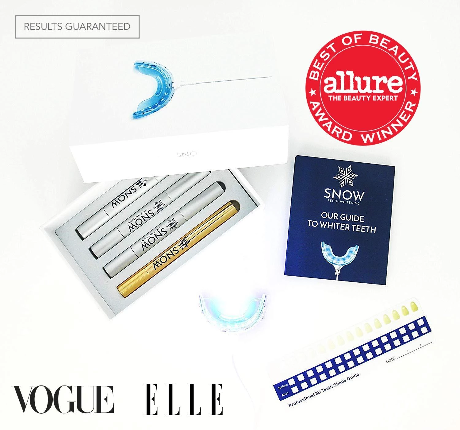 a model poses with the snow teeth whitening system